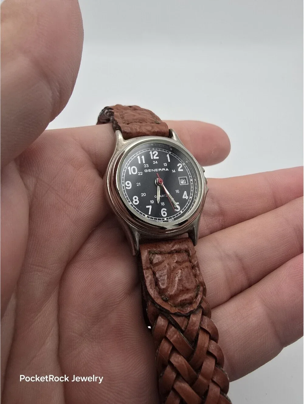 Generra Military Field Style Black Dial Date Braided Brown Leather Quartz Watch